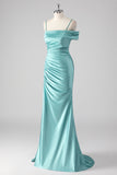 Robe longue de bal plissée à bretelles spaghetti fourreau bleu