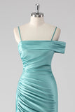 Robe longue de bal plissée à bretelles spaghetti fourreau bleu