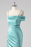 Robe longue de bal plissée à bretelles spaghetti fourreau bleu