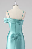 Robe longue de bal plissée à bretelles spaghetti fourreau bleu