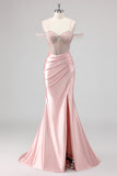 Sirène scintillante épaule froide perlée longue Robes De Soirée rose avec fente