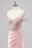 Sirène scintillante épaule froide perlée longue Robes De Soirée rose avec fente