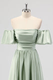 Robe de demoiselle d’honneur en satin A-line A-Side Off Shoulder Vert Sauge