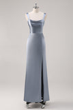 Robe de demoiselle d’honneur simple en satin gris bleu fourreau avec fente