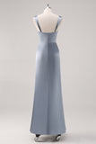 Robe de demoiselle d’honneur simple en satin gris bleu fourreau avec fente