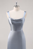 Robe de demoiselle d’honneur simple en satin gris bleu fourreau avec fente