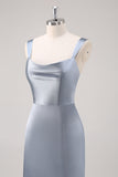 Robe de demoiselle d’honneur simple en satin gris bleu fourreau avec fente