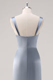 Robe de demoiselle d’honneur simple en satin gris bleu fourreau avec fente