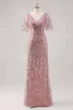 Dusty Rose V-Neck Fourreau Paillettes Mère de la mariée Robe à manches courtes