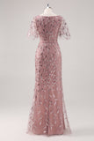 Dusty Rose V-Neck Fourreau Paillettes Mère de la mariée Robe à manches courtes