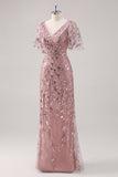 Dusty Rose V-Neck Fourreau Paillettes Mère de la mariée Robe à manches courtes