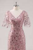 Dusty Rose V-Neck Fourreau Paillettes Mère de la mariée Robe à manches courtes