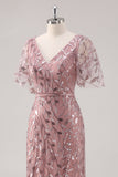 Dusty Rose V-Neck Fourreau Paillettes Mère de la mariée Robe à manches courtes