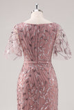 Dusty Rose V-Neck Fourreau Paillettes Mère de la mariée Robe à manches courtes