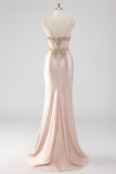 Robe de bal scintillante champagne corset appliques avec fente