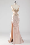 Robe de bal scintillante champagne corset appliques avec fente