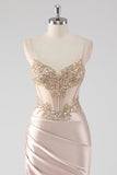 Robe de bal scintillante champagne corset appliques avec fente