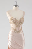 Robe de bal scintillante champagne corset appliques avec fente