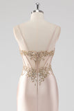 Robe de bal scintillante champagne corset appliques avec fente