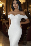 Robe de mariée longue sirène à paillettes blanches à épaules dénudées
