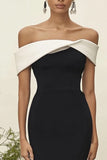 Robe formelle en satin contrasté noir mat à épaules dénudées