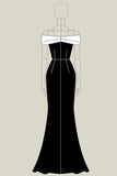 Robe formelle en satin contrasté noir mat à épaules dénudées