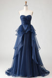 Robe de bal longue de bal sans bustiers, Princess bleu marine à volants et à volants