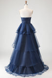 Robe de bal longue de bal sans bustiers, Princess bleu marine à volants et à volants