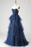 Robe de bal longue de bal sans bustiers, Princess bleu marine à volants et à volants