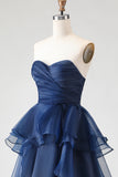 Robe de bal longue de bal sans bustiers, Princess bleu marine à volants et à volants