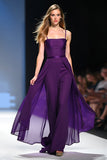 Violet foncé dos ouvert spaghetti bretelles longue mariage invité combinaison