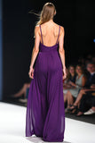 Violet foncé dos ouvert spaghetti bretelles longue mariage invité combinaison