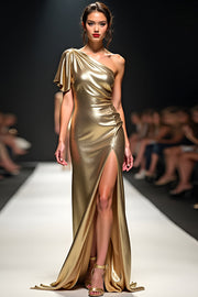 Robe de gala à manches flottantes à une épaule fourreau doré avec fente