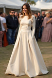 Abricot Une Ligne Col Rond Robe de Gala Ruchée Manches Longues