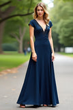 Robe de mère de la mariée à manches courtes longue à col en V perlée bleu marine