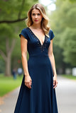 Robe de mère de la mariée à manches courtes longue à col en V perlée bleu marine