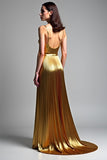 Robe de bal froncée à bretelles spaghetti dorées