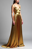 Robe de bal froncée à bretelles spaghetti dorées
