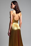 Robe de bal froncée à bretelles spaghetti dorées