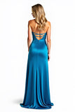 Robe de bal à paillettes sans bretelles bleue avec fente