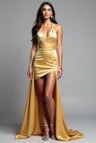 Robe de bal dos nu dorée avec dos nu dos nu Halter avec fente haute
