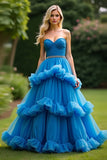 Bleu Une ligne Sweetheart Robe de bal à volants à plusieurs niveaux