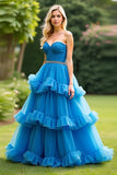 Bleu Une ligne Sweetheart Robe de bal à volants à plusieurs niveaux