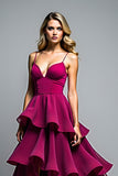Robe d’invitée de mariée en tulle à bretelles spaghetti violet foncé à plusieurs niveaux
