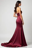 Robe formelle plissée en satin sirène bordeaux sans bretelles