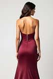 Robe formelle plissée en satin sirène bordeaux sans bretelles