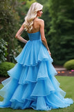 Bleu Une ligne Sweetheart Robe de bal à volants