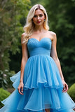 Bleu Une ligne Sweetheart Robe de bal à volants