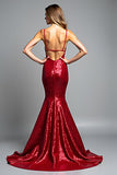 Robe de bal à paillettes à bretelles spaghetti sirène rouge