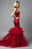 Robe de bal sans bretelles en tulle satiné sirène rouge